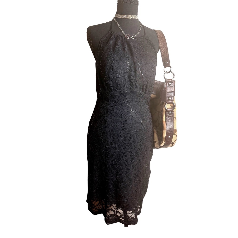 Fredericks of Hollywood XL Y2K Black Lace Sequin Halter Whimsygoth MiniDress Vtg